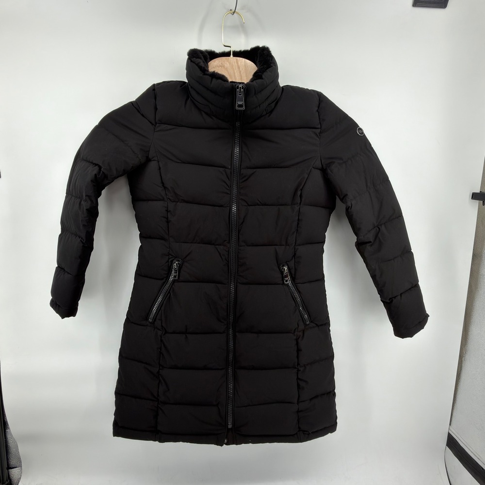 Andrew Marc Puffer Coat Womens S Black Faux Fur Trim Quilted Stretch Parka